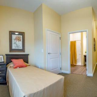 A cozy bedroom with a single bed and neutral decor.