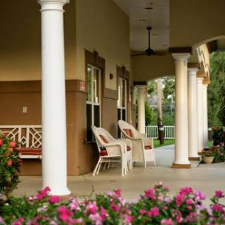 A serene porch adorned with blooming flowers and inviting chairs, perfect for a peaceful afternoon.