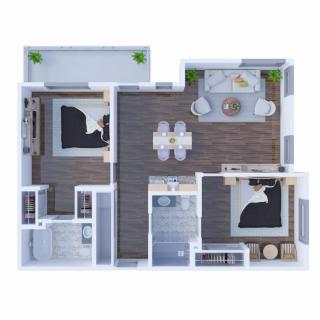 A modern floor plan of a two-bedroom apartment featuring an open living and dining area, a kitchen, and two bedrooms.
