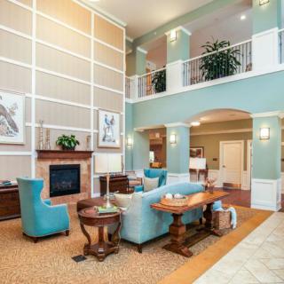 A spacious and elegantly decorated living room with a fireplace, comfortable seating, and decorative plants.
