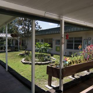 A serene courtyard with a garden area surrounded by school buildings.
