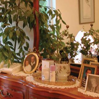A dresser adorned with framed photos, decorative plants, and various personal items.