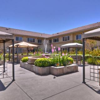 A sunny courtyard with a central fountain, surrounded by outdoor seating and umbrellas.