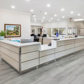 A modern and bright reception area in a medical office, featuring sleek design and organized workspace.