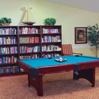 A cozy library room featuring a pool table and bookshelves filled with books.