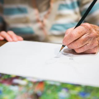 An artist's hand sketching on a blank canvas with a brush.