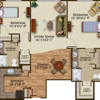 A detailed floor plan of a three-bedroom apartment with two bathrooms, a living room, kitchen, and dining area.