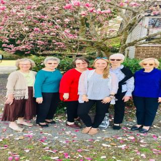 A group of people standing together under a blooming tree.
