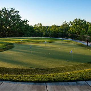 A serene view of a putting green surrounded by lush trees under a clear blue sky.