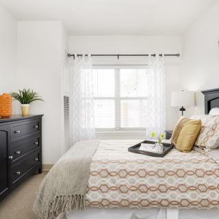 A modern bedroom with stylish decor featuring a bed, dresser, and large window.