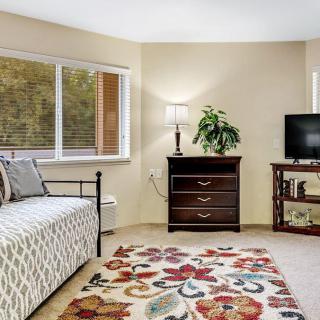 A cozy living room with a patterned rug, daybed, and television.