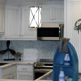 A modern kitchen with white cabinetry and nautical-themed decor, featuring a pendant light and blue decorative elements.