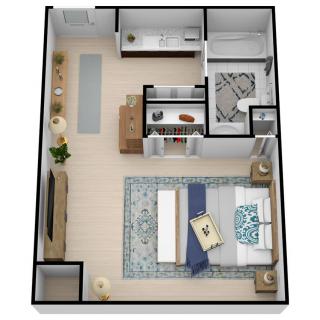 A minimalist apartment floor plan featuring a spacious bedroom and living area.
