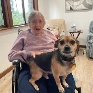 An elderly woman smiling while sitting in a wheelchair with a dog on her lap.