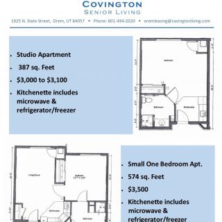 Floor plans for studio and small one-bedroom apartments at Covington Senior Living, outlining square footage, pricing, and included amenities.