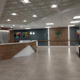 A modern reception area featuring sleek design elements and contemporary decor.