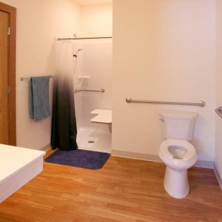 Accessible bathroom with a shower, toilet, and handrails.