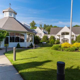 A scenic view of a landscaped garden with buildings in the background on a sunny day.