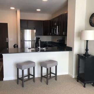 A modern kitchen with bar stools and sleek appliances in an apartment setting.