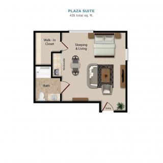 A 673 sq. ft. apartment floor plan with a bedroom, living room, kitchen, and bathroom.
