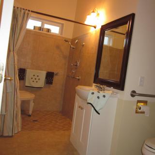 A well-lit bathroom featuring a sink with a mirror, shower area, and towels.