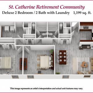 Floor plan of a deluxe 2 bedroom, 2 bath apartment with laundry at St. Catherine Retirement Community.