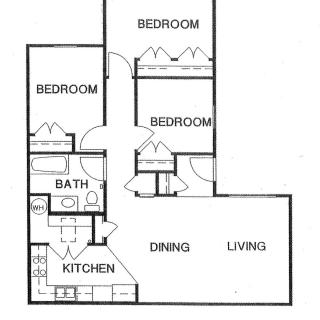 Floor plan of a three-bedroom apartment with kitchen, bath, dining, and living areas.