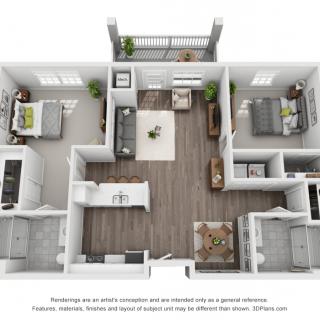 A 3D rendered floor plan of a modern apartment featuring two bedrooms, a kitchen, and living space.