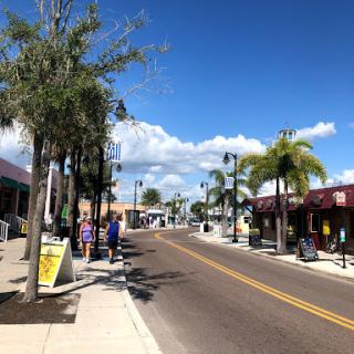 A vibrant downtown street lined with shops and palm trees under a clear blue sky.