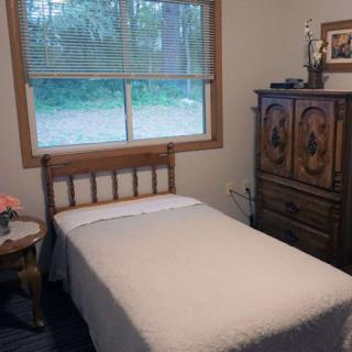 A cozy bedroom with a single bed, wooden dresser, and a window view.