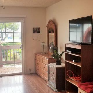 A cozy living room with a television, dresser, and sliding glass door leading to a patio.