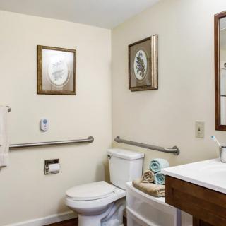 A small, well-lit bathroom featuring a toilet, sink, mirror, and wall artwork. The space is accented with towels and safety grab bars.