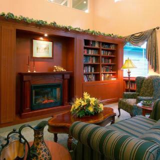 A cozy living room featuring a fireplace, built-in bookshelves, and comfortable seating.