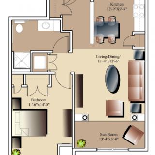 A detailed floor plan of an apartment featuring a living/dining area, kitchen, bedroom, and bathroom.