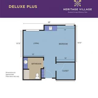 Floor plan of a Deluxe Plus apartment at Heritage Village.