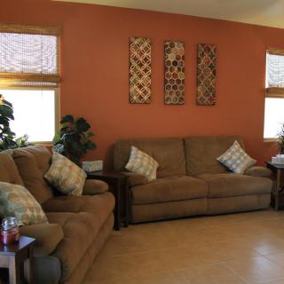 A cozy living room with brown sofas, decorative cushions, and wall art on an orange accent wall.