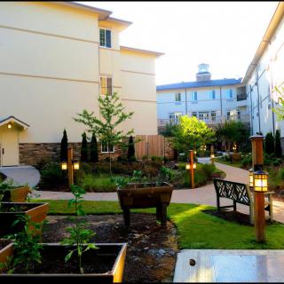 A beautifully landscaped garden area between buildings with benches and a pathway.