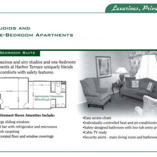 Advertisement for one and two-bedroom apartments featuring a floor plan and an image of a furnished living room.
