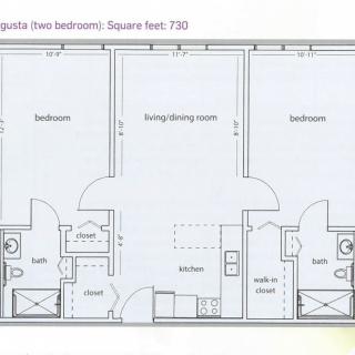 A floor plan of a two-bedroom apartment with a central living/dining area.