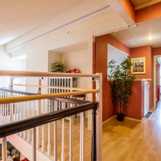 A well-lit hallway with wooden flooring, featuring a staircase and decorative plants.