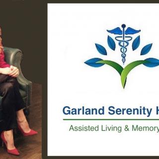 A woman seated next to the logo of Garland Serenity Homes, a facility specializing in assisted living and memory care.