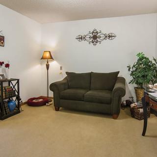 A cozy living room with a sofa, floor lamp, and decorative elements.