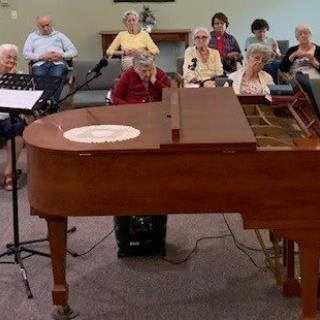 A group of people attending a musical performance featuring a grand piano.