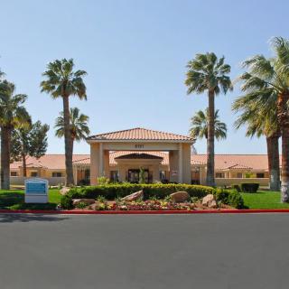 A sunny view of a resort entrance flanked by palm trees.