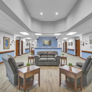 A modern lobby with comfortable seating and a welcoming atmosphere.