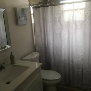 A small bathroom with a sink, toilet, and shower with a curtain.