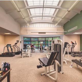 A spacious gym interior with various exercise equipment, including treadmills and weight machines.