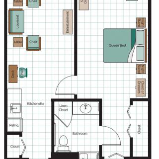 A floor plan of a one-bedroom apartment with designated living, kitchen, and bedroom areas.