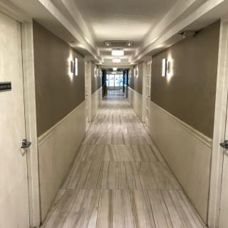 A well-lit hotel hallway with symmetrical design and multiple doors on either side.