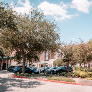 A serene parking lot with trees and parked cars in front of a building under a partly cloudy sky.